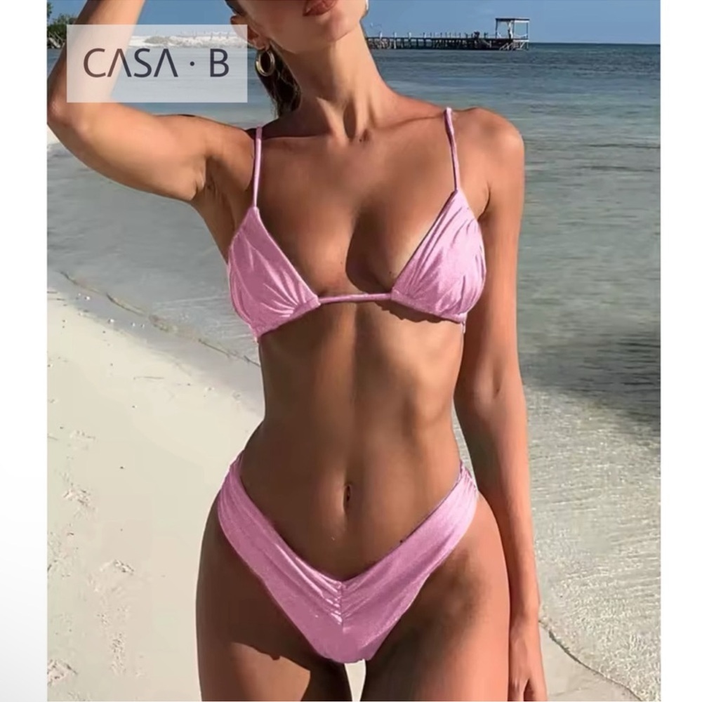 NEW💫to CASA B | Athena Pink Shimmer Triangle Brazilian Bikini Set